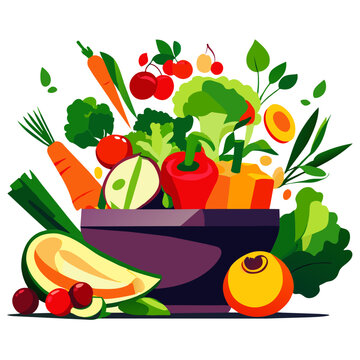 Vegetables and fruits in a bowl. Vector illustration in flat style Generative AI