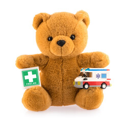 Teddy bear pediatric medicine concept isolated on white background with clipping path