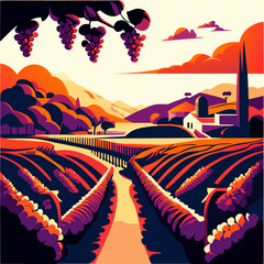 Rows of vineyards in Tuscany, Italy. Vector illustration generative AI