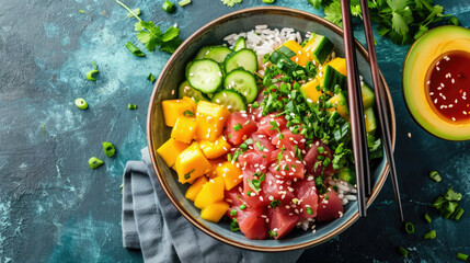 Top view of poke bowl with salmon and avocado on rustic background