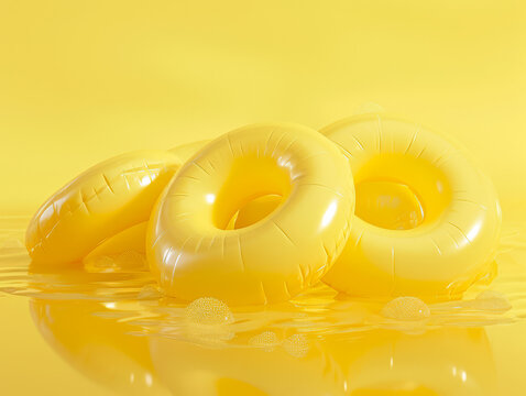 Yellow inflatable swim rings on water with a bright, summery backdrop.