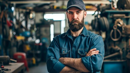 Obraz premium A rugged man with a warm smile and a stylish cap stands confidently indoors, his beard adding to his striking presence