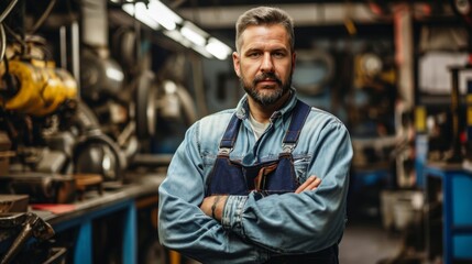 A confident man in blue overalls stands with his arms crossed, embodying the hardworking spirit of an engineer in a bustling factory
