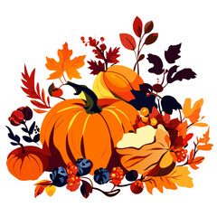 Autumn harvest of pumpkins, berries and leaves. Vector illustration. Generative AI