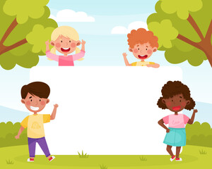 Happy Boy and Girl Kid at Empty Banner Design Vector Template