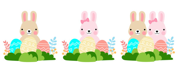 Easter bunny rabbits with baby chicks and Easter eggs, Welcome spring season