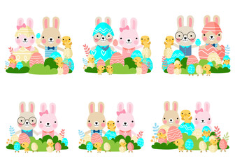 Easter bunny rabbits with baby chicks and Easter eggs, Welcome spring season