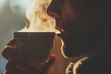 A contemplative man savors his cup of coffee, his human face wreathed in smoke from his lighter, lost in thought