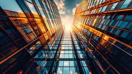 Skyscrapers in the City: Modern Architecture with Blue Sky and Reflective Glass Facades