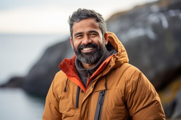 Fototapeta na wymiar Portrait of a grinning indian man in his 40s donning a durable down jacket against a rocky shoreline background. AI Generation