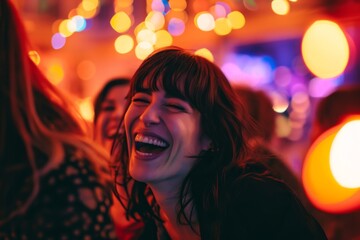 A woman's face lights up with a genuine smile, her eyes closed in pure joy as she laughs on a beautiful night, her clothing reflecting the warmth of her spirit