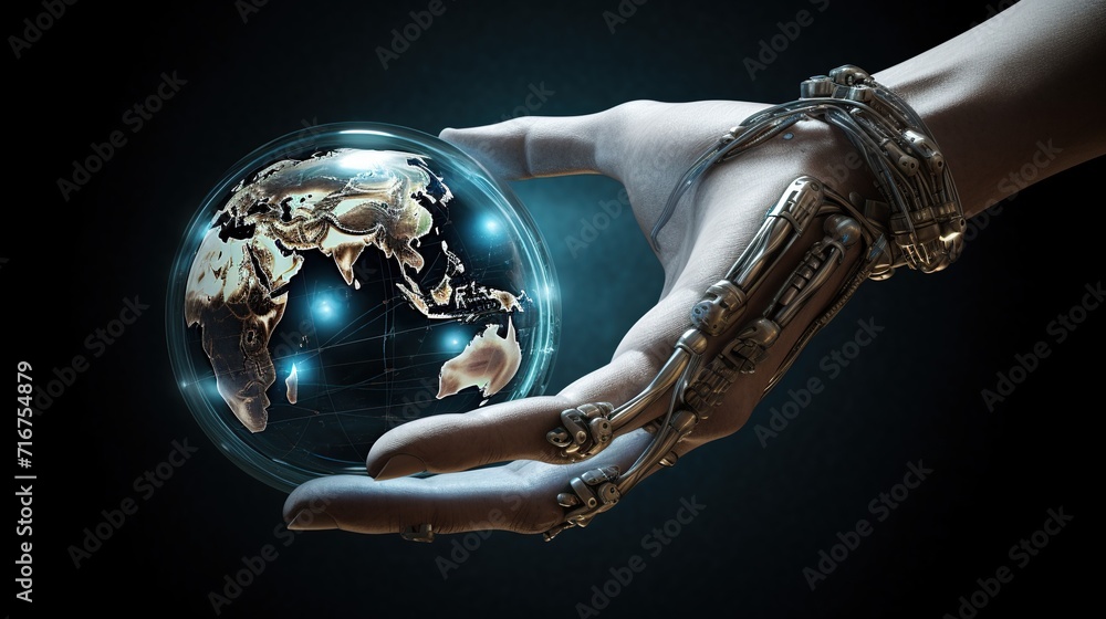 Aufkleber robot hand holding earth globe for artificial intelligence, tech revolution and futuristic technolog