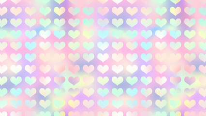 Cute holographic rainbow heart background. Vector love hearts neon texture on soft pink gradient background. Valentines day iridescent wallpaper, trendy abstract minimal design.