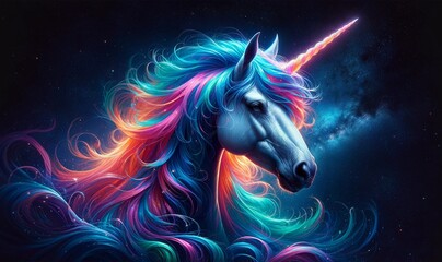 white horse on black mystical unicorn with a vibrant and colorful - obrazy, fototapety, plakaty