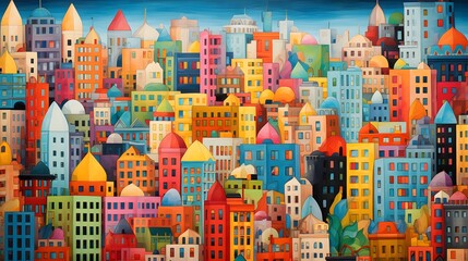 Jazzy, lively, colorful water color painting of a downtown city full of tall buildings and skyscrapers.