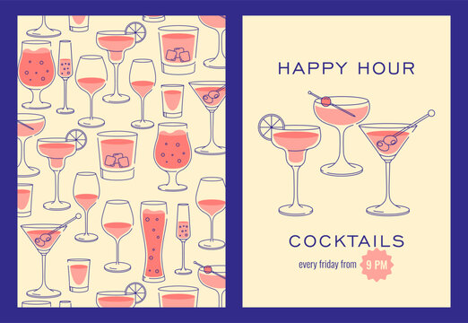 Modern flat happy hour cocktails prints set. Colorful background with cocktail glasses. Cafe, bar and restaurant concept poster and web banner. Vector illustrations.