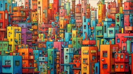 Jazzy, lively, colorful water color painting of a downtown city full of tall buildings and skyscrapers. - obrazy, fototapety, plakaty