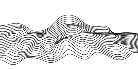Vector black wavy ocean flowing dynamic lines isolated on transparent background. wavy ocean curve lines background. Design for banner, flyer, cover, technology, science, brochure, ocean.