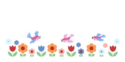 Flower meadow with colorful tulips and daisies with flying bright birds. Vector horizontal banner as template for text on white isolated background.