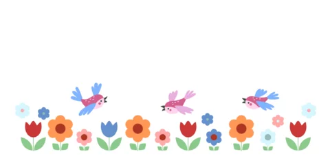Fotobehang Flower meadow with colorful tulips and daisies with flying bright birds. Vector horizontal banner as template for text on white isolated background. © Natalia