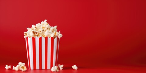 Popcorn box with delicious popcorn, red background with space for copy