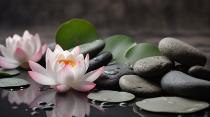 Fototapeta na wymiar Relaxing zen like background with pebbles and lotus flowers 3