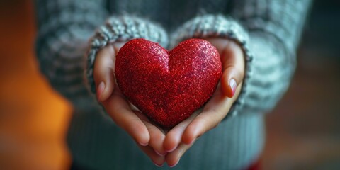 girl in a gray sweater holding a heart, give kindness to others, banner, poster