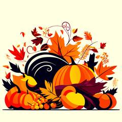 Obraz na płótnie Canvas Autumn background with pumpkins and fall leaves. Vector illustration. Generative AI