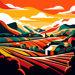 Rural landscape with fields and hills at sunset. Vector illustration. Generative AI