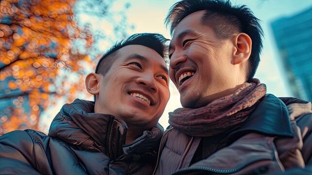 LGBTQ - Asian male homosexual couple love happiness concept. Homosexual male hugging and enjoying time together., radiating happiness.