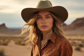 Portrait of a glad woman in her 20s wearing a rugged cowboy hat against a serene dune landscape background. AI Generation