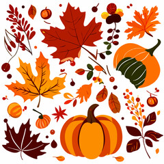 Set of autumn leaves, pumpkins, berries and berries. Vector illustration. Generative AI