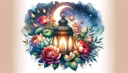 watercolor ramadan lantern with colorful flowers