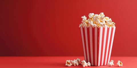 Popcorn box with delicious popcorn, red background with space for copy