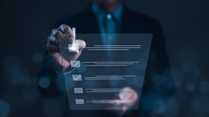 Checklist concept. Document management system, DMS. Assessment form, questionnaire, clipboard management. Businessman working productivity checklist, tick correct mark to complete online survey form.