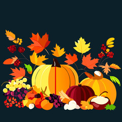 Naklejka na ściany i meble Autumn background with pumpkins, berries and leaves. Vector illustration AI Generated