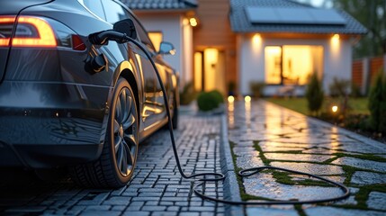 Charging an electric vehicle at home. Generative Ai. - obrazy, fototapety, plakaty