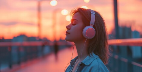 A woman enjoys listening to music, surrounded by the melody, creating a serene moment