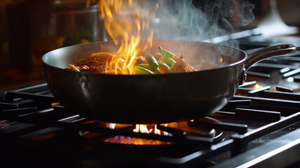 Mid section of chef cooking in kitchen stove 2 , Generative AI.