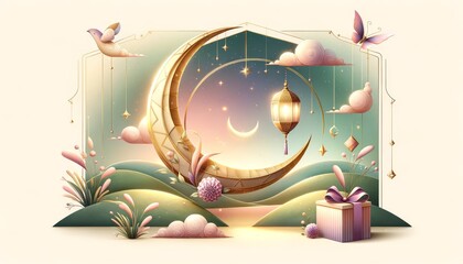 Crescent Moon with Pastel Dreamscape and Gift. Ramadan Kareem Design