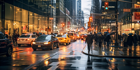 Bustling evening commute in rainy urban setting - obrazy, fototapety, plakaty