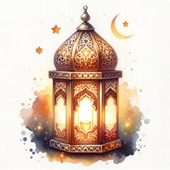 Ramadan Vintage Lantern with Crescent Moon in Watercolor