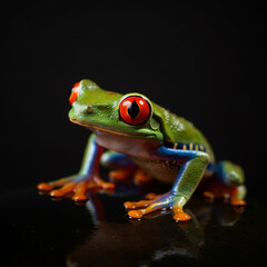 Close up photo of red-eyed leaf frog on black background 7