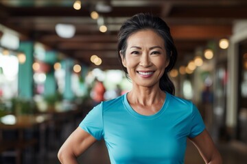 Portrait of a cheerful asian woman in her 50s wearing a moisture-wicking running shirt against a tropical beach bar background. AI Generation