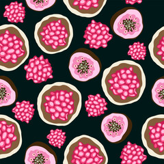 Tropical fruits with pink seeds and fruit pulp seamless vector repeat pattern. It is suitable for tiles, textile, fabric, bedsheets, decoration and more.