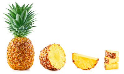 Fresh organic pineapple with leaves isolated on white background