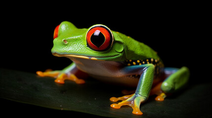Close up photo of red-eyed leaf frog on black background 4