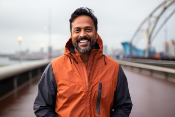 Portrait of a grinning indian man in his 40s wearing a functional windbreaker against a modern cityscape background. AI Generation - obrazy, fototapety, plakaty