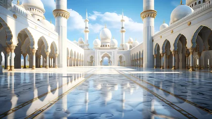 Fotobehang A wide view of the mosque's central hall surrounded by a dome and white pillars with gold ornaments. The marble floor reflects the clouds and blue sky above the dome. Created with Generative AI. © an