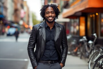 Portrait of a happy afro-american man in his 40s sporting a stylish leather blazer against a vibrant market street background. AI Generation